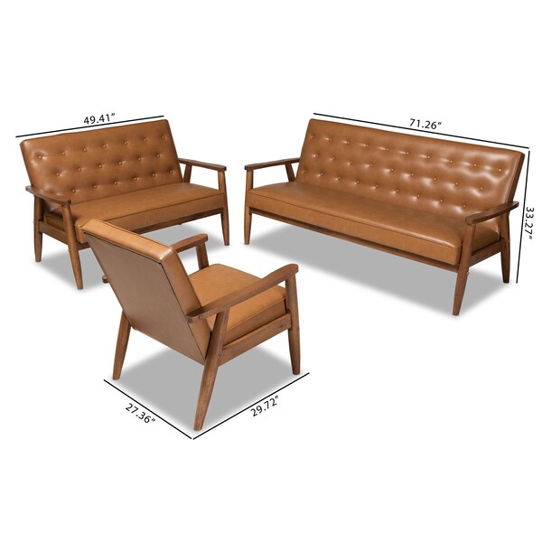Baxton Studio Sorrento Mid-Century Modern Tan Faux Leather and Walnut Brown Finished Wood 3-Piece Living Room Set - 175-10977-10978-10979-ZORO