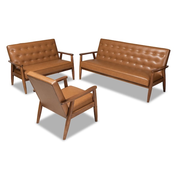 Baxton Studio Sorrento Mid-Century Modern Tan Faux Leather and Walnut Brown Finished Wood 3-Piece Living Room Set - 175-10977-10978-10979-ZORO