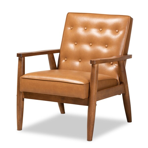 Baxton Studio Sorrento Mid-Century Modern Tan Faux Leather and Walnut Brown Finished Wood 3-Piece Living Room Set - 175-10977-10978-10979-ZORO