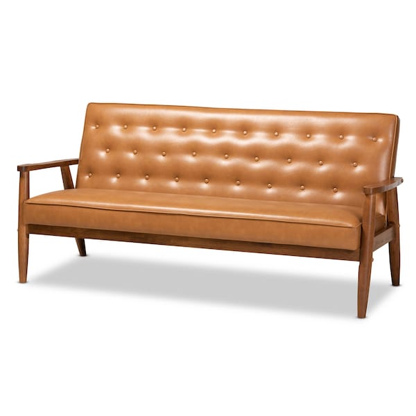 Baxton Studio Sorrento Mid-Century Modern Tan Faux Leather and Walnut Brown Finished Wood 3-Piece Living Room Set - 175-10977-10978-10979-ZORO
