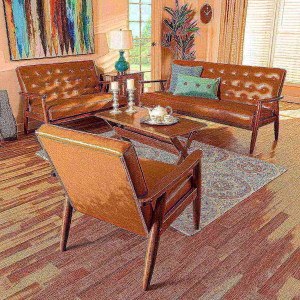Baxton Studio Sorrento Mid-Century Modern Tan Faux Leather and Walnut Brown Finished Wood 3-Piece Living Room Set - 175-10977-10978-10979-ZORO