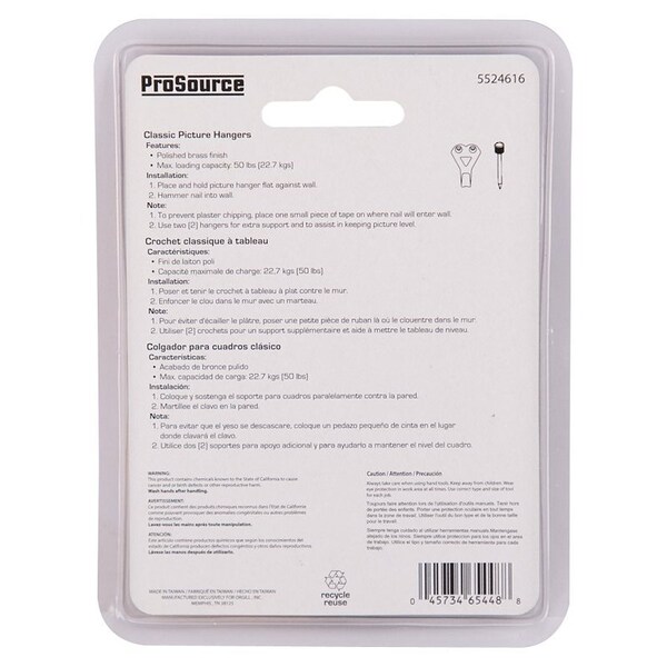 Prosource Picture Hanger, 50 lb, Steel, Polished Brass, Brass, Nail-In Mounting - PH-122272-PS