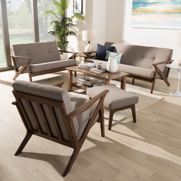 Baxton Studio Bianca Walnut Wood Light Grey Tufted Livingroom Sofa Set - 140-7548-7549-7550-7551
