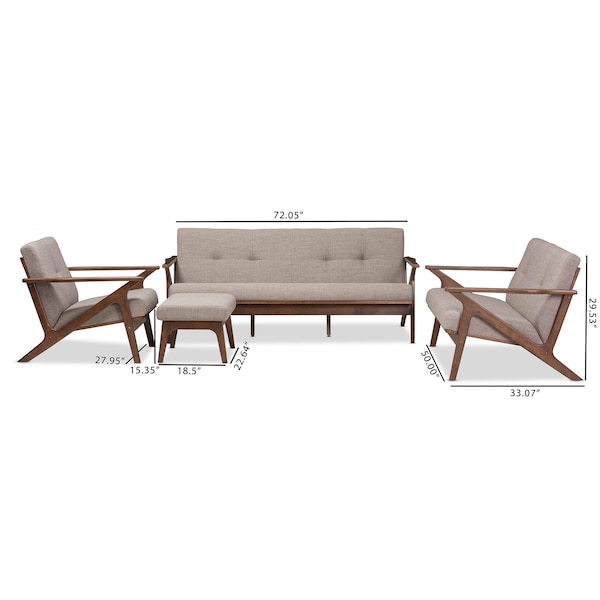 Baxton Studio Bianca Walnut Wood Light Grey Tufted Livingroom Sofa Set - 140-7548-7549-7550-7551