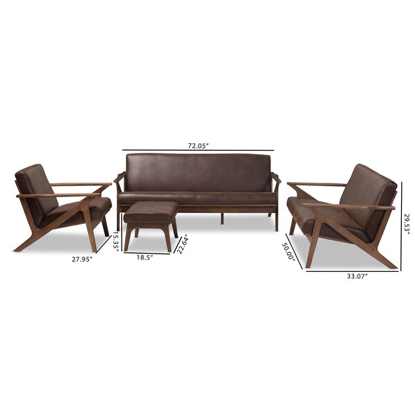 Baxton Studio Bianca Walnut Wood Brown Faux Leather Livingroom Sofa Set - 140-7544-7545-7546-7547
