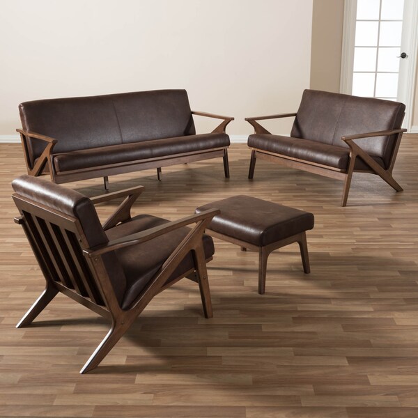 Baxton Studio Bianca Walnut Wood Brown Faux Leather Livingroom Sofa Set - 140-7544-7545-7546-7547
