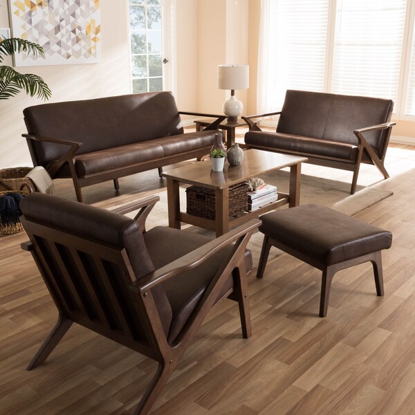 Baxton Studio Bianca Walnut Wood Brown Faux Leather Livingroom Sofa Set - 140-7544-7545-7546-7547