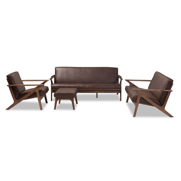 Baxton Studio Bianca Walnut Wood Brown Faux Leather Livingroom Sofa Set - 140-7544-7545-7546-7547