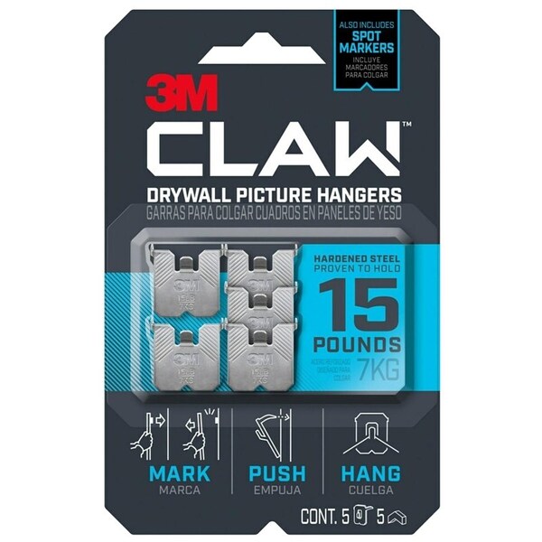 Claw 3M Drywall Picture Hanger, 15 lb, Steel, Push-In Mounting, 5PK - 3PH15M-5ES