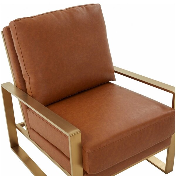 Leisuremod Jefferson Leather Armchair with Gold Frame and Octagon Coffee Table with Geometric Base, Cognac Tan - JAG29MD23BR2-L