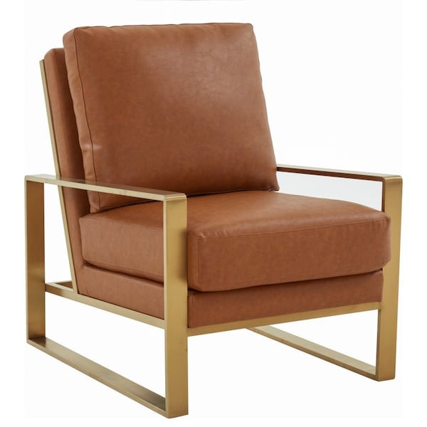 Leisuremod Jefferson Leather Armchair with Gold Frame and Octagon Coffee Table with Geometric Base, Cognac Tan - JAG29MD23BR2-L