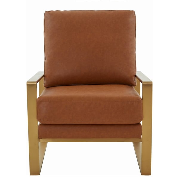 Leisuremod Jefferson Leather Armchair with Gold Frame and Octagon Coffee Table with Geometric Base, Cognac Tan - JAG29MD23BR2-L