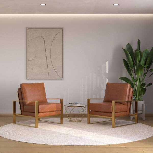 Leisuremod Jefferson Leather Armchair with Gold Frame and Octagon Coffee Table with Geometric Base, Cognac Tan - JAG29MD23BR2-L