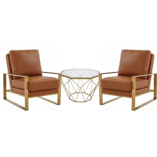 Leisuremod Jefferson Leather Armchair with Gold Frame and Octagon Coffee Table with Geometric Base, Cognac Tan - JAG29MD23BR2-L