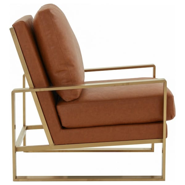 Leisuremod Jefferson Leather Armchair with Gold Frame and Octagon Coffee Table with Geometric Base, Cognac Tan - JAG29MD23BR2-L