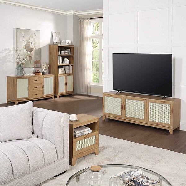 Manhattan Comfort Sheridan Modern Cane 4-Piece Set: Bookcase, TV Stand, Sideboard, Nightstand in Nature - 4-3456GLF-NA