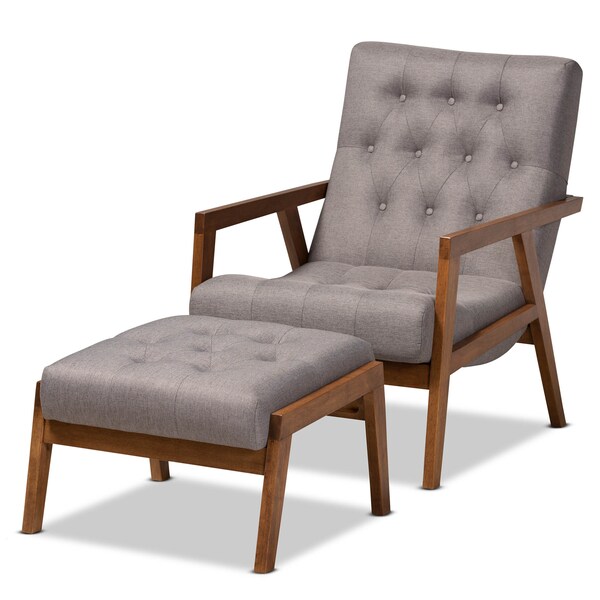 Baxton Studio Naeva Upholstered Walnut Finished Wood 2-PC Armchair and Footstool Set - 160-9945-9946
