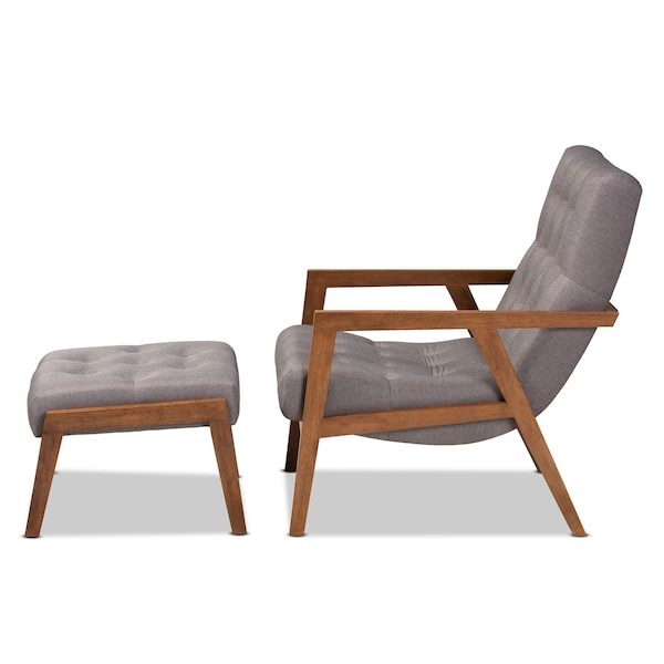 Baxton Studio Naeva Upholstered Walnut Finished Wood 2-PC Armchair and Footstool Set - 160-9945-9946