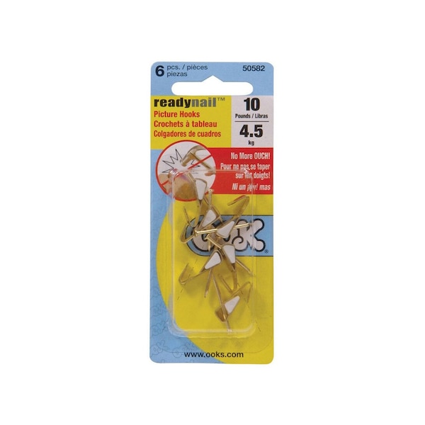 Ook Picture Hanger, 10 lb, Steel, Brass, Gold, 6PK - 50582