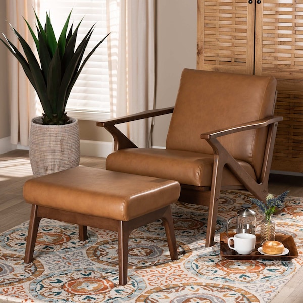 Baxton Studio Bianca Mid-Century Modern Wood and Tan Faux Leather 2-Piece Lounge chair and Ottoman Set - 190-11392-11484-ZORO