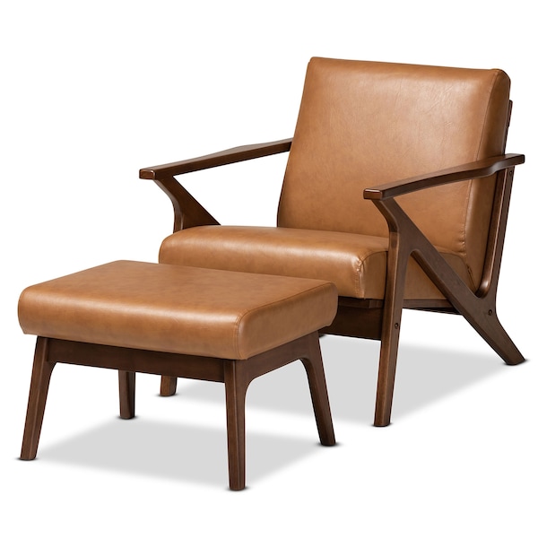 Baxton Studio Bianca Mid-Century Modern Wood and Tan Faux Leather 2-Piece Lounge chair and Ottoman Set - 190-11392-11484-ZORO