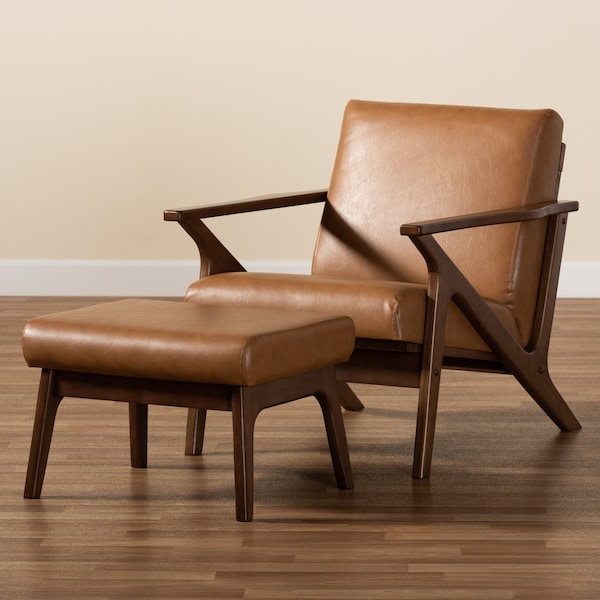 Baxton Studio Bianca Mid-Century Modern Wood and Tan Faux Leather 2-Piece Lounge chair and Ottoman Set - 190-11392-11484-ZORO