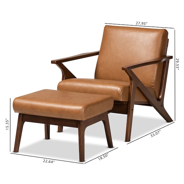 Baxton Studio Bianca Mid-Century Modern Wood and Tan Faux Leather 2-Piece Lounge chair and Ottoman Set - 190-11392-11484-ZORO