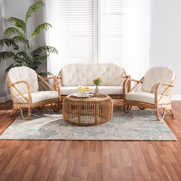 Baxton Studio Aliane Modern Bohemian Natural Brown Antique Rattan 4Piece Living Room Set - 219-12700-12701-12702-ZORO