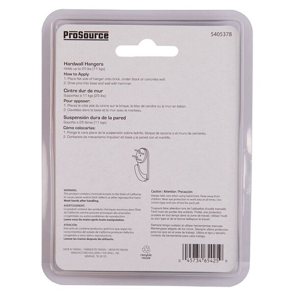 Prosource Picture Hanger, 25 lb, Plastic, White, White, Nail-In Mounting - PH-121122-PS