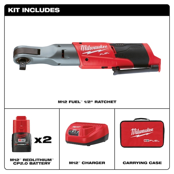 Milwaukee Tool M12 FUEL 1/2" Ratchet 2 Battery Kit - 2558-22