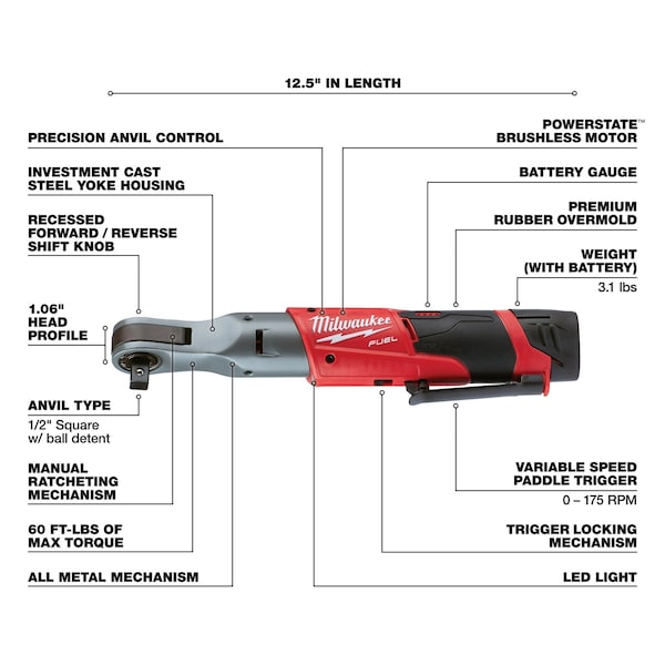 Milwaukee Tool M12 FUEL 1/2" Ratchet 2 Battery Kit - 2558-22