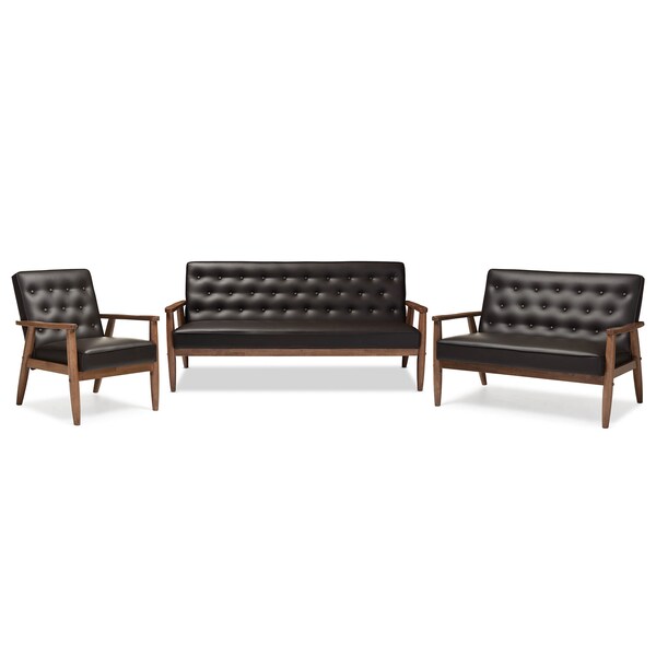 Baxton Studio Sorrento Brown Faux Leather Upholstered Wooden 3 Piece Living room Set - 122-6765-6768-6771