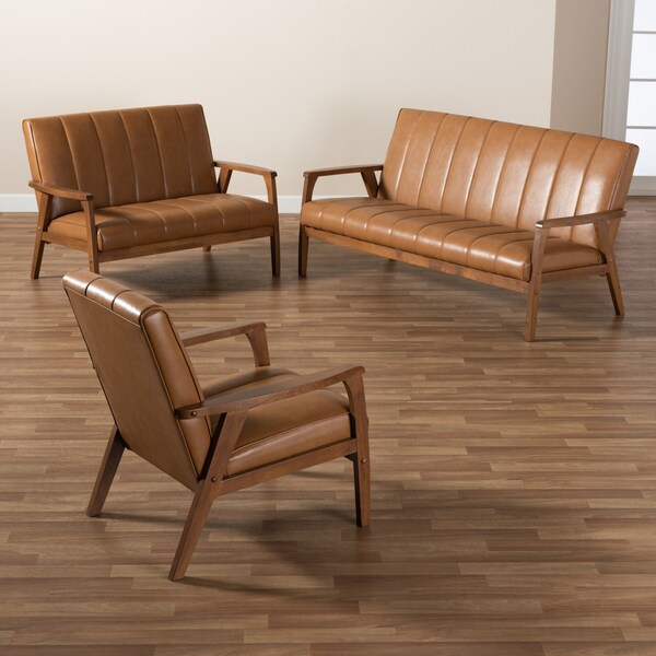 Baxton Studio Nikko Mid-century Modern Tan Faux Leather and Walnut Brown finished Wood 3-Piece Living Room Set - 175-10974-10975-10976-ZORO
