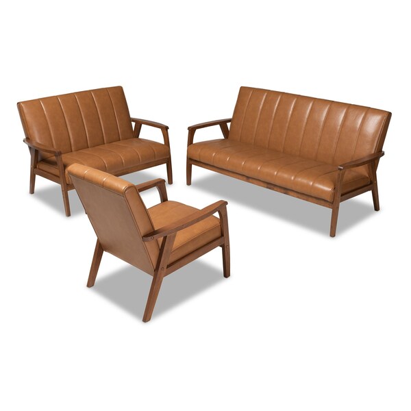 Baxton Studio Nikko Mid-century Modern Tan Faux Leather and Walnut Brown finished Wood 3-Piece Living Room Set - 175-10974-10975-10976-ZORO