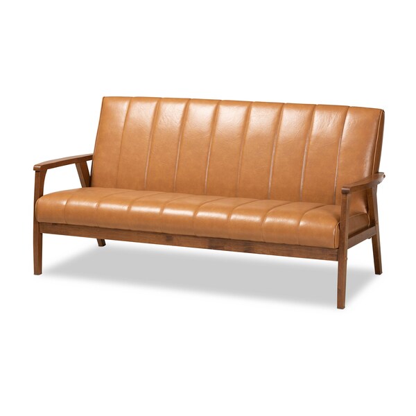 Baxton Studio Nikko Mid-century Modern Tan Faux Leather and Walnut Brown finished Wood 3-Piece Living Room Set - 175-10974-10975-10976-ZORO