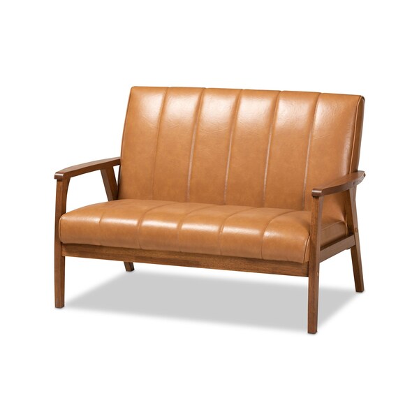 Baxton Studio Nikko Mid-century Modern Tan Faux Leather and Walnut Brown finished Wood 3-Piece Living Room Set - 175-10974-10975-10976-ZORO