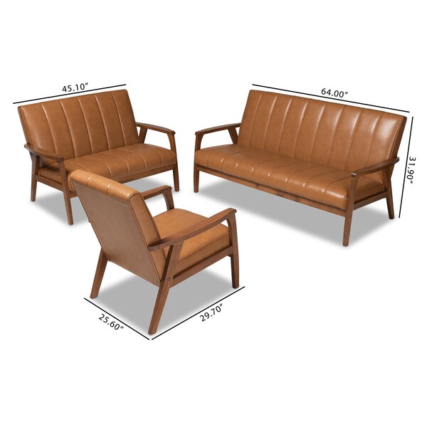 Baxton Studio Nikko Mid-century Modern Tan Faux Leather and Walnut Brown finished Wood 3-Piece Living Room Set - 175-10974-10975-10976-ZORO