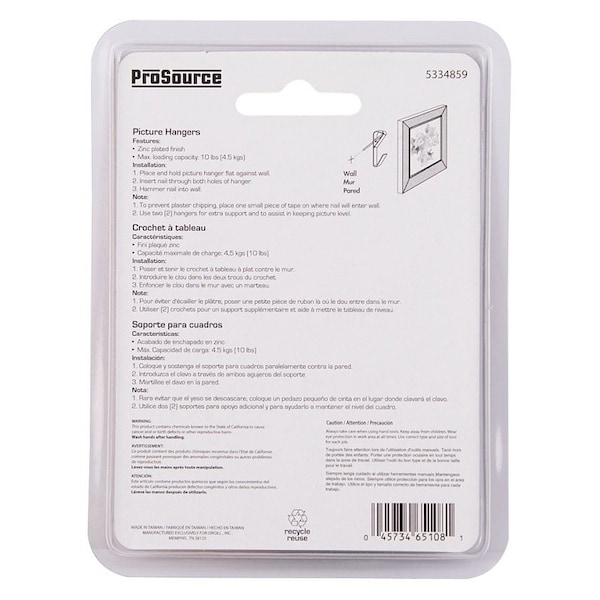 Prosource Picture Hanger, 10 lb, Steel, Zinc, Zinc, Nail-In Mounting - PH-121010-PS