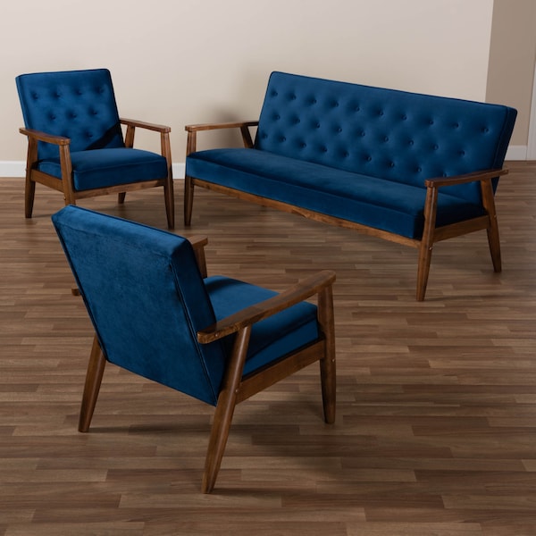 Baxton Studio Sorrento Blue Velvet Walnut Finished 3-Piece Wooden Living Room Set - 160-9938-9940