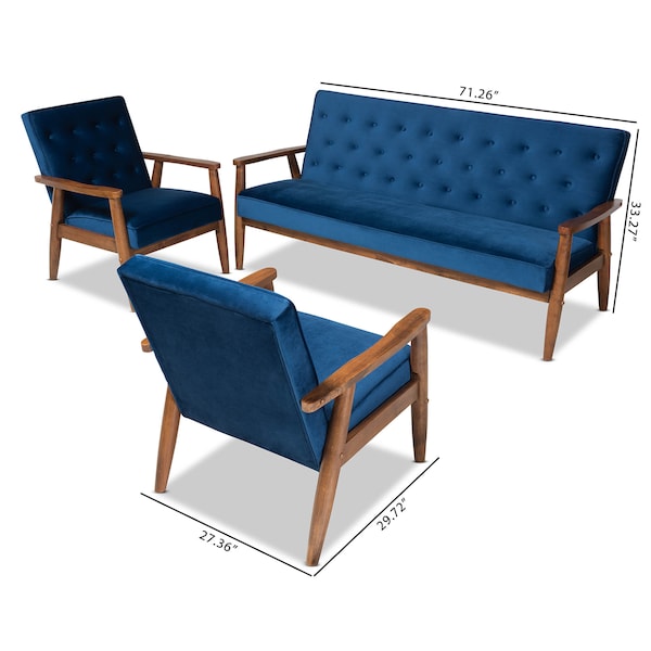Baxton Studio Sorrento Blue Velvet Walnut Finished 3-Piece Wooden Living Room Set - 160-9938-9940