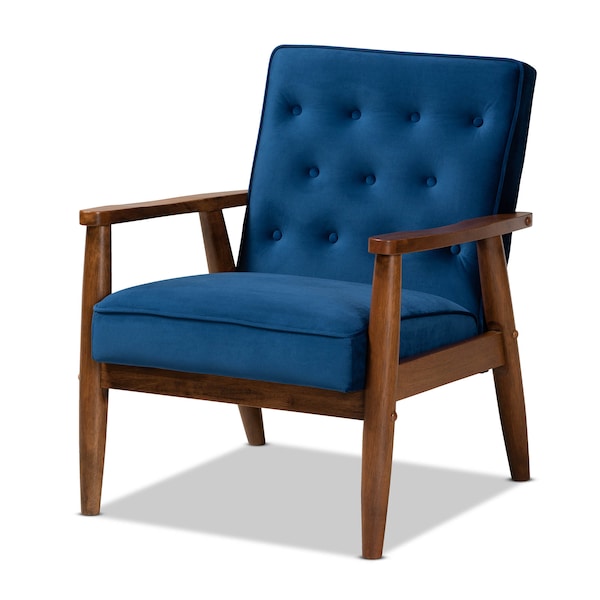 Baxton Studio Sorrento Blue Velvet Walnut Finished 3-Piece Wooden Living Room Set - 160-9938-9940