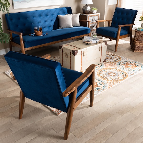 Baxton Studio Sorrento Blue Velvet Walnut Finished 3-Piece Wooden Living Room Set - 160-9938-9940