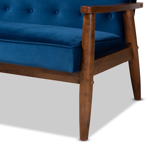 Baxton Studio Sorrento Blue Velvet Walnut Finished 3-Piece Wooden Living Room Set - 160-9938-9940