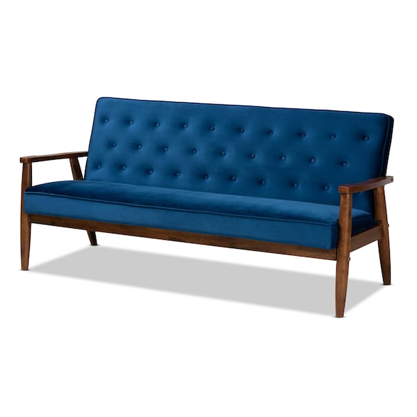 Baxton Studio Sorrento Blue Velvet Walnut Finished 3-Piece Wooden Living Room Set - 160-9938-9940