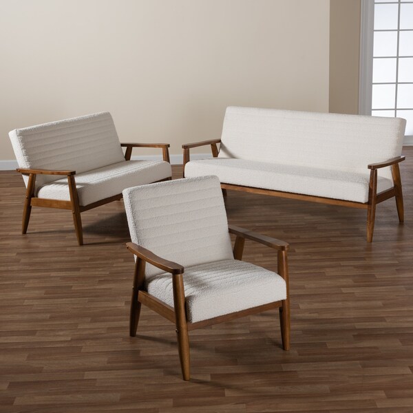 Baxton Studio Stratton Mid-Century Modern Cream Boucle and Walnut Brown Finished Wood 3-Piece Living Room Set - 228-12960-12961-12962-ZORO
