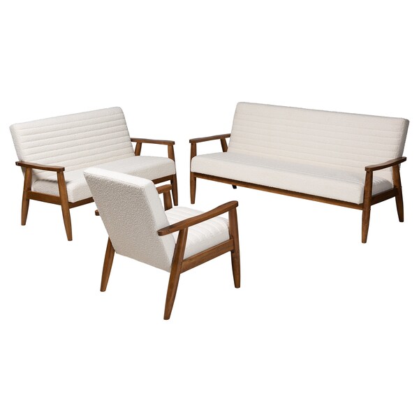 Baxton Studio Stratton Mid-Century Modern Cream Boucle and Walnut Brown Finished Wood 3-Piece Living Room Set - 228-12960-12961-12962-ZORO