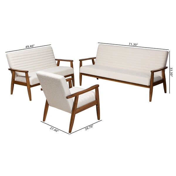 Baxton Studio Stratton Mid-Century Modern Cream Boucle and Walnut Brown Finished Wood 3-Piece Living Room Set - 228-12960-12961-12962-ZORO