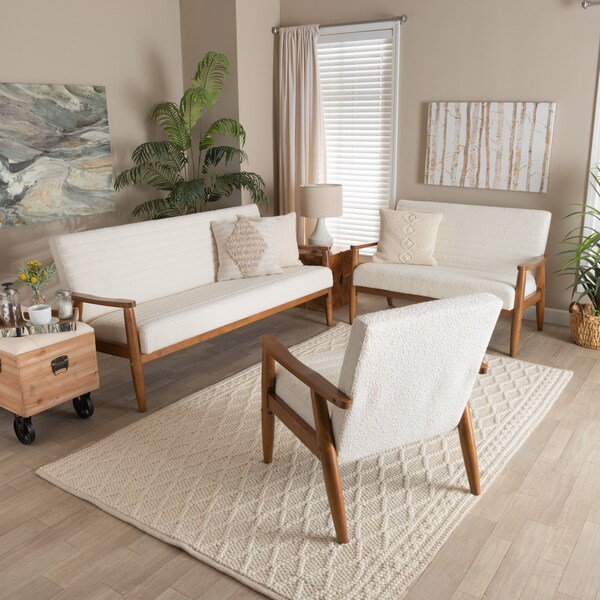 Baxton Studio Stratton Mid-Century Modern Cream Boucle and Walnut Brown Finished Wood 3-Piece Living Room Set - 228-12960-12961-12962-ZORO
