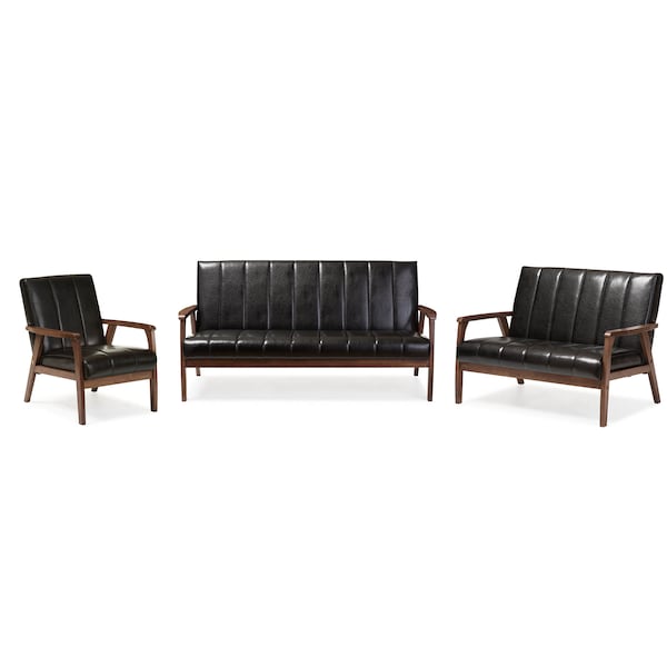 Baxton Studio Nikko Mid-century Black Faux Leather 3 Pieces Living Room Sets - 121-6744-6746-6748
