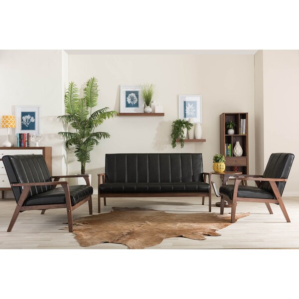Baxton Studio Nikko Mid-century Black Faux Leather 3 Pieces Living Room Sets - 121-6744-6746-6748